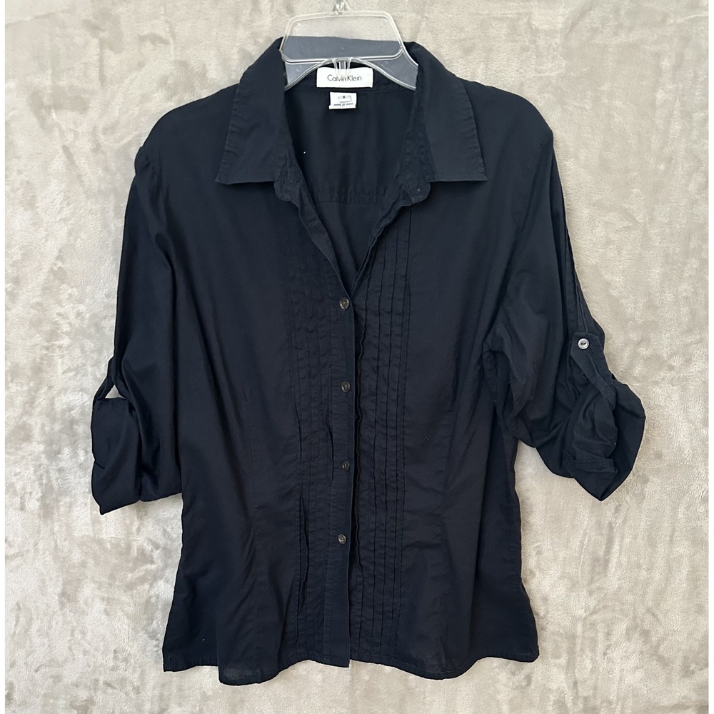 Calvin Klein Shirt Women 8 Button Up Pleated Roll Tab Sleeve Blouse Top Workwear